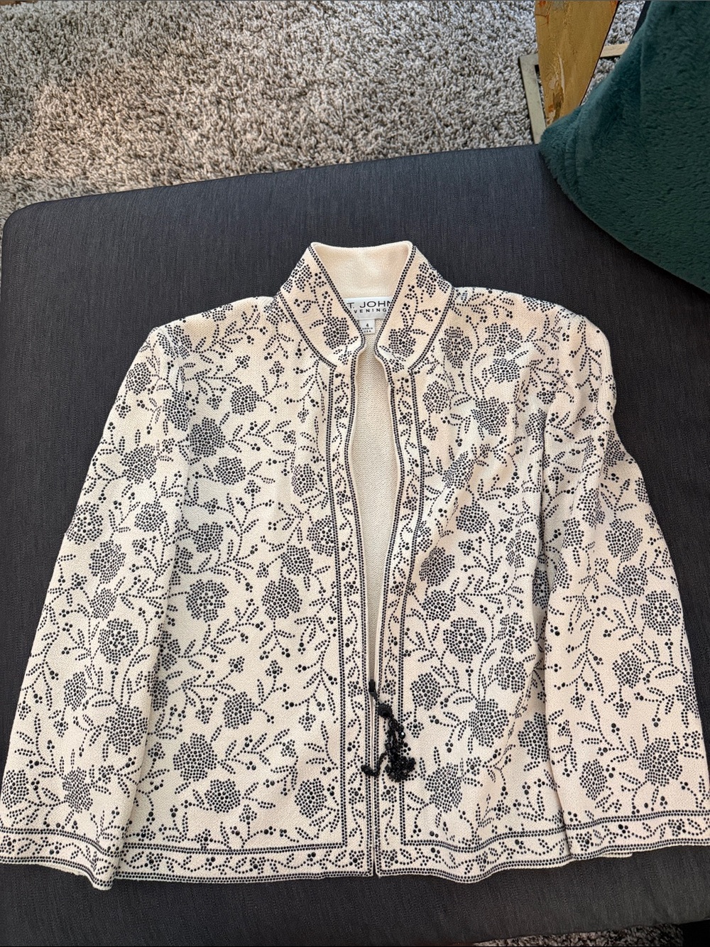 St. John Evening Cream  Floral Knit Jacket Blazer with Black Beads throughout
